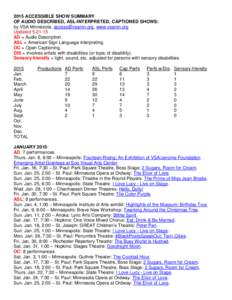2015 ACCESSIBLE SHOW SUMMARY OF AUDIO DESCRIBED, ASL-INTERPRETED, CAPTIONED SHOWS: by VSA Minnesota, , www.vsamn.org UpdatedAD = Audio Description. ASL = American Sign Language interpreting.