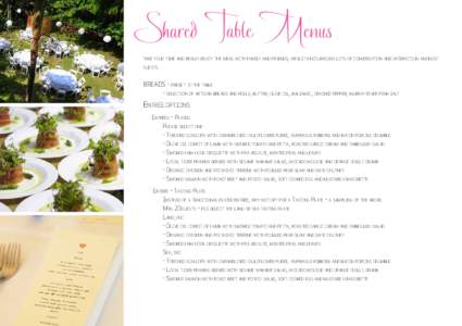 Shared Table Menus  take your time and really enjoy the meal with family and friends, whilst encouraging lots of conversation and interaction amongst guests.  BREADS - preset to the table