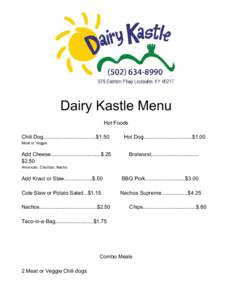 Dairy Kastle Menu Hot Foods Chili Dog....................................$1.50 Hot Dog.................................$1.00