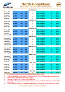 North Ronaldsay Effective from 3 October 2014 until 01 May 2015 OCTOBER 2014 Friday 03rd  Kirkwall