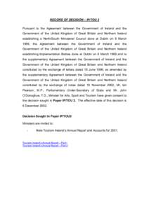 RECORD OF DECISION – IP/TOU 2 Pursuant to the Agreement between the Government of Ireland and the Government of the United Kingdom of Great Britain and Northern Ireland establishing a North/South Ministerial Council do