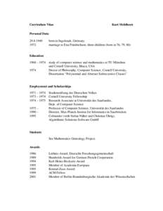 Curriculum Vitae  Kurt Mehlhorn Personal Data