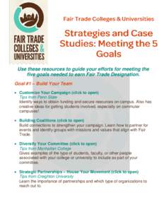 Use these resources to guide your efforts for meeting the five goals needed to earn Fair Trade Designation. Goal #1 – Build Your Team  Customize Your Campaign (click to open) Tips from Penn State Identify ways to ob