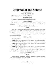 Journal of the Senate ________________ TUESDAY, APRIL 28, 2015 The Senate was called to order by the President. Devotional Exercises A moment of silence was observed in lieu of devotions.