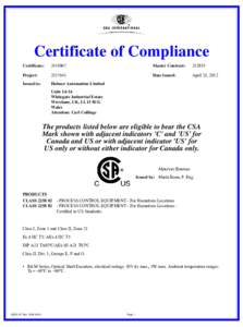 Certificate of Compliance Certificate: Master Contract: