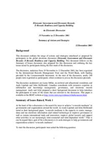 Electronic Government and Electronic Records: E-Records Readiness and Capacity Building An Electronic Discussion 19 November to 12 December 2003 Summary of Actions and Strategies 12 December 2003