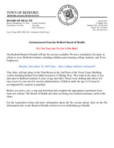 TOWN OF BEDFORD BEDFORD, MASSACHUSETTS[removed]BOARD OF HEALTH Beatrice Brunkhorst, Co-Chair Tom Kinzer, Co-Chair