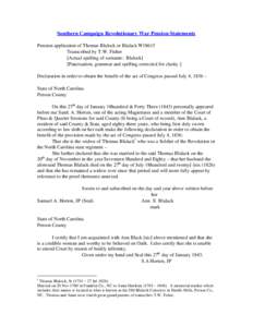 Southern Campaign Revolutionary War Pension Statements Pension application of Thomas Blalock or Blalack W18615 Transcribed by T.W. Fisher [Actual spelling of surname: Blalock] [Punctuation, grammar and spelling corrected