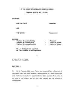 IN THE COURT OF APPEAL OF BELIZE, A.D. 2008  CRIMINAL APPEAL NO. 5 OF 2007  BETWEEN:   BURTON CALIZ 