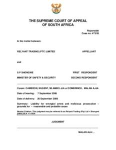 THE SUPREME COURT OF APPEAL OF SOUTH AFRICA Reportable Case no: [removed]In the matter between: