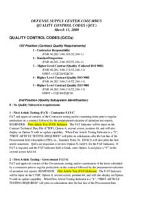 DEFENSE SUPPLY CENTER COLUMBUS QUALITY CONTROL CODES (QCC) March 13, 2000 QUALITY CONTROL CODES (QCCs) 1ST Position (Contract Quality Requirements) 1 - Contractor Responsibility