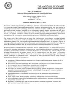 Indo-U.S. Workshop on Challenges of Emerging Infections and Global Health Safety Indian National Science Academy (INSA) New Delhi, India November[removed], 2014 Statement of the Workshop Co-Chairs