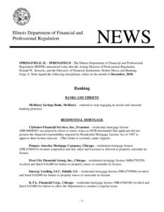 Illinois Department of Financial and Professional Regulation NEWS  SPRINGFIELD, IL - SPRINGFIELD - The Illinois Department of Financial and Professional