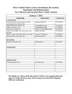 Motor Vehicle Dealer License Cancellations, Revocations, Suspensions and Reinstatements Tax Collectors and Licensed Motor Vehicle Auctions January 7, 2015 Dealership CANCELLED: