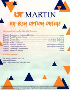 RN-BSN OPTION ONLINE Nursing Courses for the BSN Degree: Nurs 350 Transitions to Professional Nursing . . . . . . . . . . . . . . . . . . . . . . . . . . . . . . . . . . . . 8 hours Nurs 362 Trend & Issues in Nursing	 . 