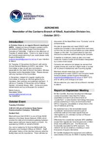 AERONEWS Newsletter of the Canberra Branch of RAeS, Australian Division Inc. - October 2013 discussion of the latest Mars rover “Curiosity” and its achievements.  Introduction
