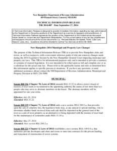 New Hampshire Department of Revenue Administration 109 Pleasant Street, Concord, NH[removed]TECHNICAL INFORMATION RELEASE TIR[removed]Date September 17, 2014 A Technical Information Release is designed to provide immediat