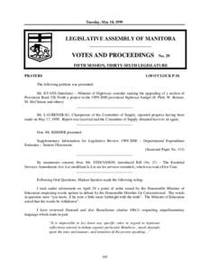 Tuesday, May 18, 1999  LEGISLATIVE ASSEMBLY OF MANITOBA __________________________  VOTES AND PROCEEDINGS