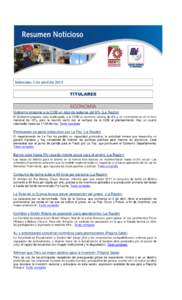 Miércoles 3 de abril de 2013 TITULARES ECONOMÍA Gobierno propone a la COB un alza de salarios del 6% (La Razón) El Gobierno propuso, esta madrugada, a la COB un aumento salarial de 6% y un incremento en el mínimo