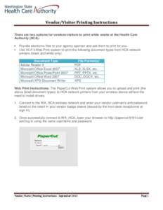 Vendor/Visitor Printing Instructions There are two options for vendors/visitors to print while onsite at the Health Care Authority (HCA):  