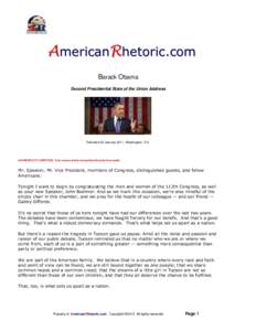 AmericanRhetoric.com Barack Obama Second Presidential State of the Union Address Delivered 25 January 2011, Washington, D.C.