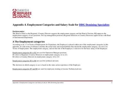 Appendix 4. Employment Categories and Salary Scale for DDG Demining Specialists Decision maker The Head of Desk or the Regional / Country Director suggests the employment category and the Head of Section, HQ approves the