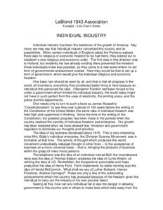LeBlond 1943 Association Excerpts - Lois Over’s Notes INDIVIDUAL INDUSTRY Individual industry has been the backbone of the growth of America. Nay more, we may say that individual industry conceived this country and its