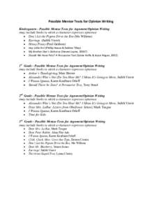 Possible Mentor Texts for Opinion Writing Kindergarten - Possible Mentor Texts for Argument/Opinion Writing (may include books in which a character expresses opinions)  Don’t Let the Pigeon Drive the Bus (Mo Willems