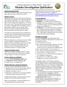 California Department of Public Health – August[removed]Measles Investigation Quicksheet Measles infectious period From four days before rash onset through four days after rash onset (day of rash onset is day 0).