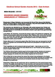 !  EduGrow School Garden Awards 2013 – East Arnhem MEDIA RELEASE – [removed]EDUGROW AWARD WINNERS