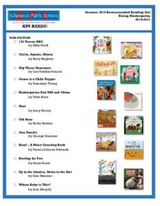 Summer 2016 Recommended Reading List Rising KindergartenKPS READS! NON-FICTION