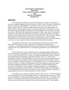 SETTLEMENT AGREEMENT BETWEEN THE UNITED STATES OF AMERICA AND LESLEY UNIVERSITY DJ[removed]
