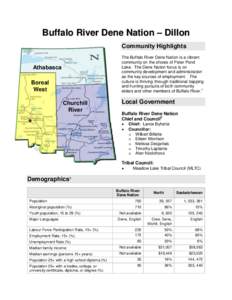 Buffalo River Dene Nation – Dillon Community Highlights The Buffalo River Dene Nation is a vibrant community on the shores of Peter Pond Lake. The Dene Nation focus is on community development and administration