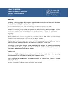 HEALTH ALERT: Suspected Measles Outbreak; Honiara, Solomon Islands 23 July[removed]SUMMARY