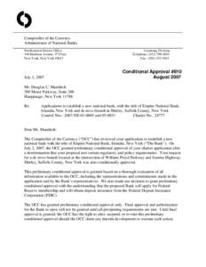 O Comptroller of the Currency Administrator of National Banks Northeastern District Office 340 Madison Avenue, 5th Floor New York, New York 10017