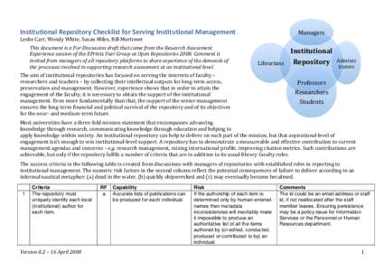 Institutional Repository Checklist for Serving Institutional Management   Managers  Leslie Carr, Wendy White, Susan Miles, Bill Mortimer 