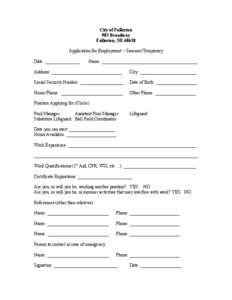 City of Fullerton 903 Broadway Fullerton, NE[removed]Application for Employment – Summer/Temporary Date: _______________