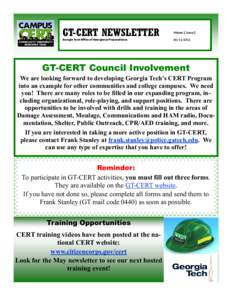 GT-CERT NEWSLETTER Georgia Tech Office of Emergency Preparedness Geor gia T ech Of f ice of E mer g ency P r e par ed ne ss Volume 2, Issue[removed]