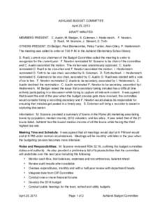 ASHLAND BUDGET COMMITTEE April 25, 2013 DRAFT MINUTES MEMBERS PRESENT: C. Austin, M. Badger, S. Coleman, I. Heidenreich, F. Newton, D. Ruell, M. Scarano, J. Stewart, D. Toth. OTHERS PRESENT: Eli Badger, Paul Branscombe, 