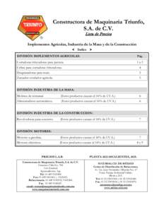 Constructora de Maquinaria Triunfo, S.A. de C.V. Lista de Precios Implementos Agrícolas, Industria de la Masa y de la Construcción Indice