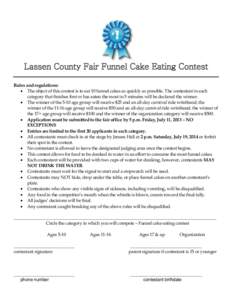 Lassen County Fair Funnel Cake Eating Contest Rules and regulations: • The object of this contest is to eat 10 funnel cakes as quickly as possible. The contestant in each category that finishes first or has eaten the m
