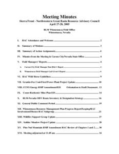 Meeting Minutes Sierra Front - Northwestern Great Basin Resource Advisory Council April 27-28, 2005 BLM Winnemucca Field Office Winnemucca, Nevada