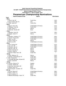 North American Powerlifting Federation 5th NAPF / FESUPO Pan-American Regional Bench Press Championships Mexico, Acapulco, Nominations on 05th of OctoberPanamerican Championship Nominations