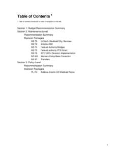 Table of Contents 1 1 Table of contents introduced for ease of navigation on the web. Section 1: Budget Recommendation Summary Section 2: Maintenance Level Recommendation Summary