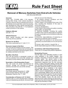 Rule Fact Sheet June 27, 2007 Removal of Mercury Switches from End-of-Life Vehicles LSA Document #[removed]Overview