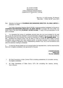 No[removed]PESB Government of India Public Enterprises Selection Board (Department of Personnel & Training) ***