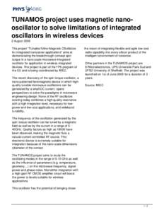 TUNAMOS project  uses magnetic nano-oscillator to solve limitations of integrated oscillators in wireless devices