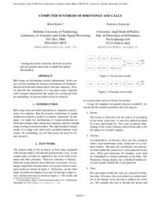 Proceedings of the COST G-6 Conference on Digital Audio Effects (DAFX-01), Limerick, Ireland, December 6-8,2001  COMPUTER SYNTHESIS OF BIRD SONGS AND CALLS Mark Kahrs  Federico Avanzini