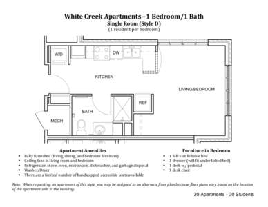 White	
  Creek	
  Apartments	
  –1	
  Bedroom/1	
  Bath	
   Single	
  Room	
  (Style	
  D)	
   (1	
  resident	
  per	
  bedroom)	
    
