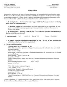 STATE OF VERMONT GRANT AMENDMENT HR CONSULTING SOLUTIONS PAGE 1 OF 14 GRANT #: [removed]